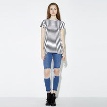 style europe women basic t-shirts cotton striped o neck short sleeve loose casual t-shirts top white J4U66