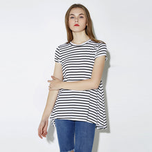 style europe women basic t-shirts cotton striped o neck short sleeve loose casual t-shirts top white J4U66