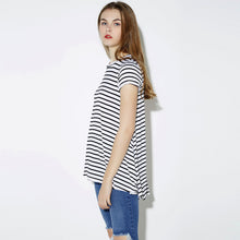 style europe women basic t-shirts cotton striped o neck short sleeve loose casual t-shirts top white J4U66