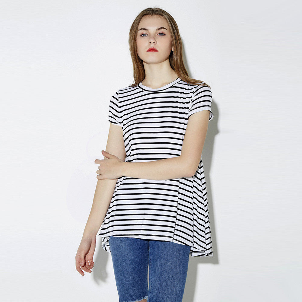 style europe women basic t-shirts cotton striped o neck short sleeve loose casual t-shirts top white J4U66