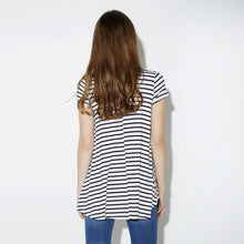 style europe women basic t-shirts cotton striped o neck short sleeve loose casual t-shirts top white J4U66