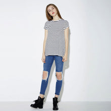 style europe women basic t-shirts cotton striped o neck short sleeve loose casual t-shirts top white J4U66