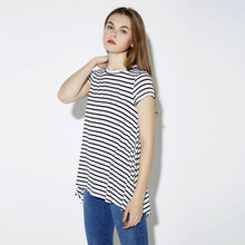 style europe women basic t-shirts cotton striped o neck short sleeve loose casual t-shirts top white J4U66