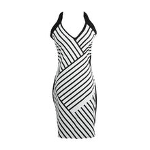 style women dress black and white striped mesh patchwork sexy dress v neck mini evening party dresses vestidos J4U66