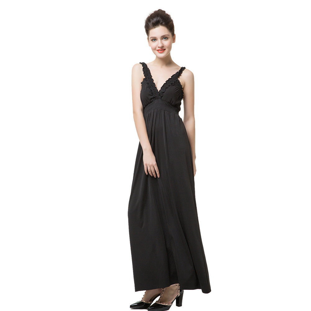 style women sleeveless maxi dress elegant deep v neck ruffle backless sexy long dress black J4U66