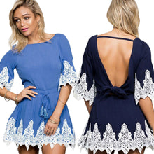 women dress floral lace splice o neck half sleeve sexy dress self tie belt backless party dresses blue dark blue J4U66