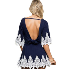 women dress floral lace splice o neck half sleeve sexy dress self tie belt backless party dresses blue dark blue J4U66