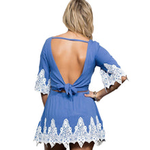 women dress floral lace splice o neck half sleeve sexy dress self tie belt backless party dresses blue dark blue J4U66
