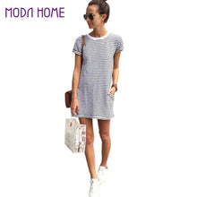 women dress striped short sleeve mini party dress white o neck casual loose dress beachwear vestidos J4U66