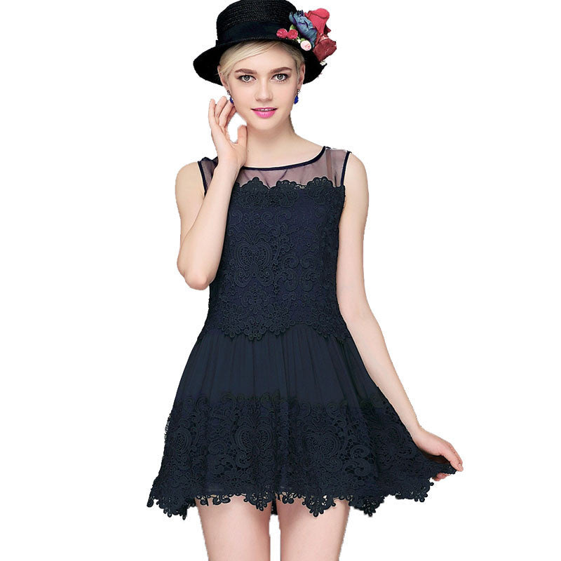 women lace dress crochet patchwork mesh o neck evening party dresses sleeveless slim mini office dress vestidos J4U66