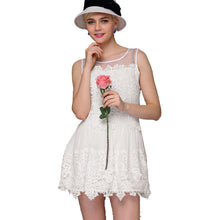 women lace dress crochet patchwork mesh o neck evening party dresses sleeveless slim mini office dress vestidos J4U66