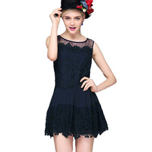 women lace dress crochet patchwork mesh o neck evening party dresses sleeveless slim mini office dress vestidos J4U66
