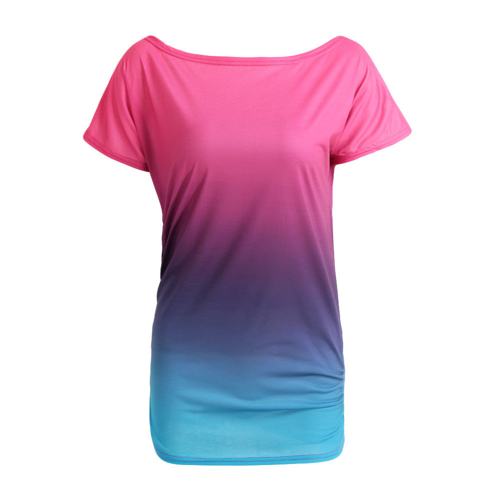 women ruffled o neck short sleeve t-shirts rainbow gradual change tops casual vestido blusas femininas baratas J4U66