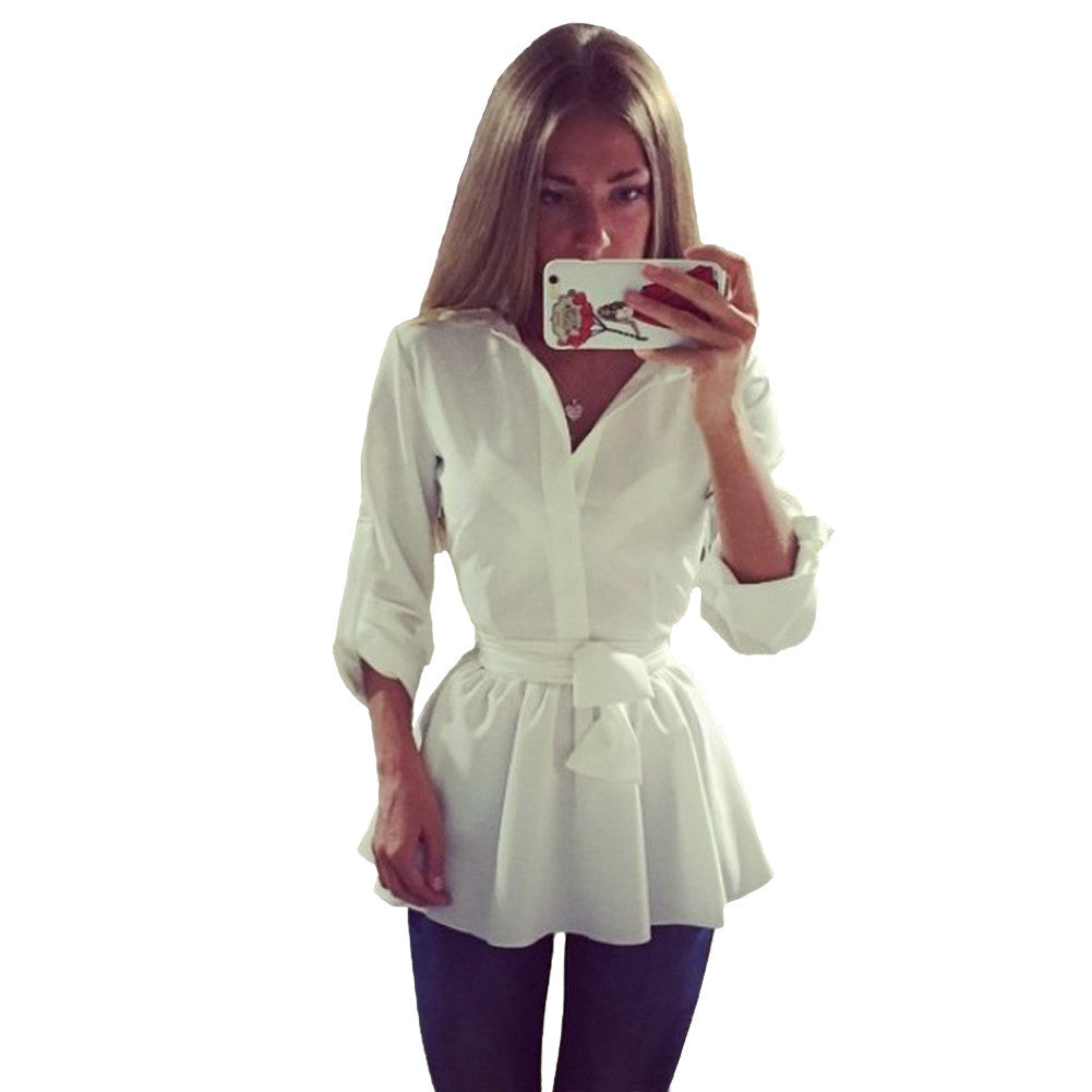 womens blouse ladies white elegant sexy v neck blouses long sleeve office shirt blusas femininas plus size J4U66