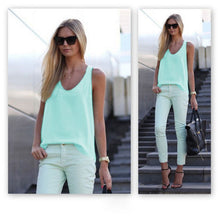 moda feminina V-Neck Sleeveless Chiffon Blouse Women Girls Shirt Tops Casual Plus Size Blusas Candy Colors J4U66