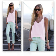 moda feminina V-Neck Sleeveless Chiffon Blouse Women Girls Shirt Tops Casual Plus Size Blusas Candy Colors J4U66