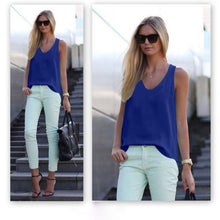 moda feminina V-Neck Sleeveless Chiffon Blouse Women Girls Shirt Tops Casual Plus Size Blusas Candy Colors J4U66
