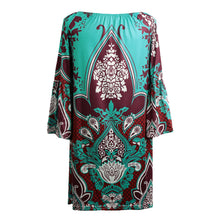 vintage women boho dress off shoulder floral print flare sleeve loose mini dress casual beach dress vestisos green J4U66