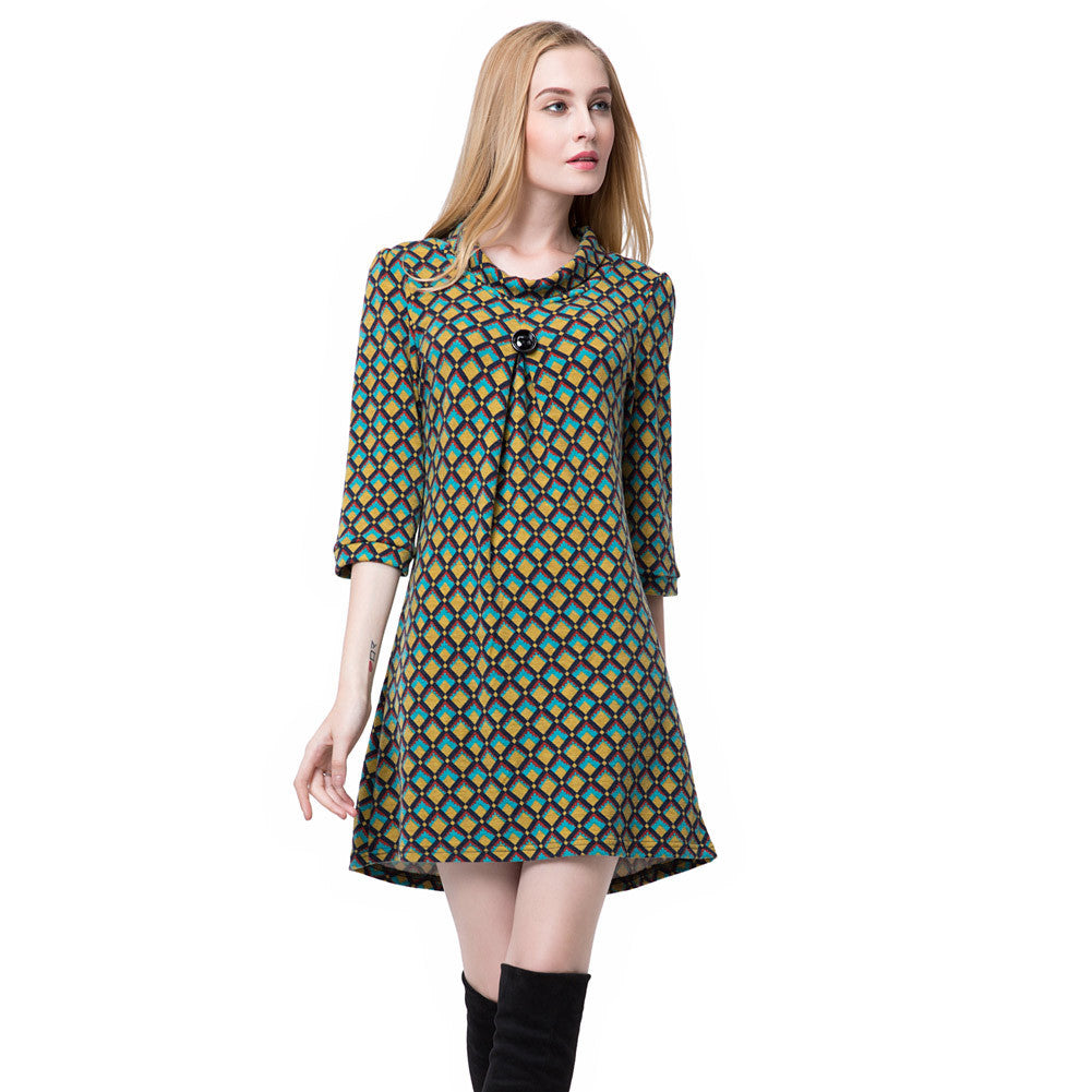 women dress contrastcolor plaid casual dress round neck button three quarter sleeve mini dress vestidos J4U66
