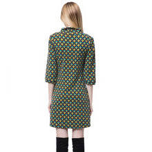 women dress contrastcolor plaid casual dress round neck button three quarter sleeve mini dress vestidos J4U66