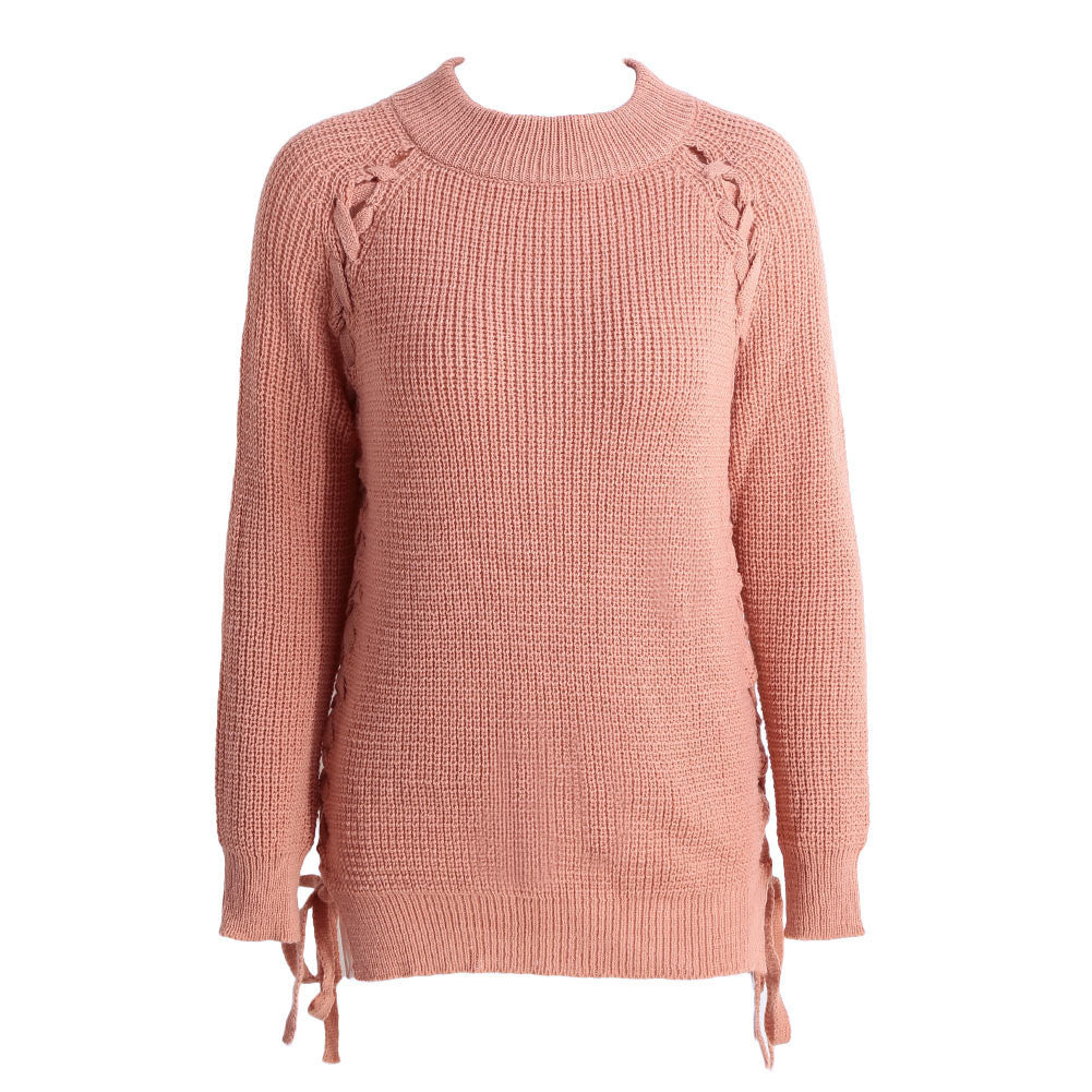 women knitted sweater ladies turtleneck long sleeve lace up sweater side split casual pink pullover jumper J4U66