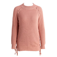 women knitted sweater ladies turtleneck long sleeve lace up sweater side split casual pink pullover jumper J4U66