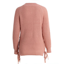 women knitted sweater ladies turtleneck long sleeve lace up sweater side split casual pink pullover jumper J4U66