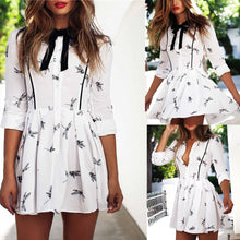 women casual tunic style cute mini dresses ladies white long sleeve dragonfly print short dress J4U66