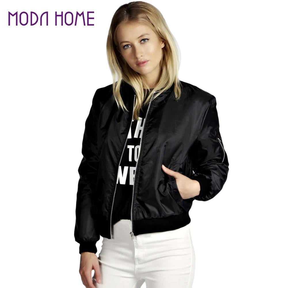 women biker bomber jacket short zipper slim coat women vintage outerwear long sleeve tops black dark green J4U66