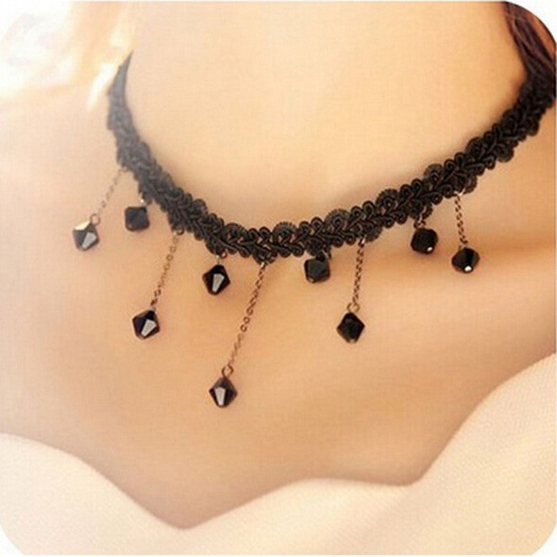 Women Black Beads Pendant Crystal Bib Chain Jewelry Collar Choker Necklace J4U66