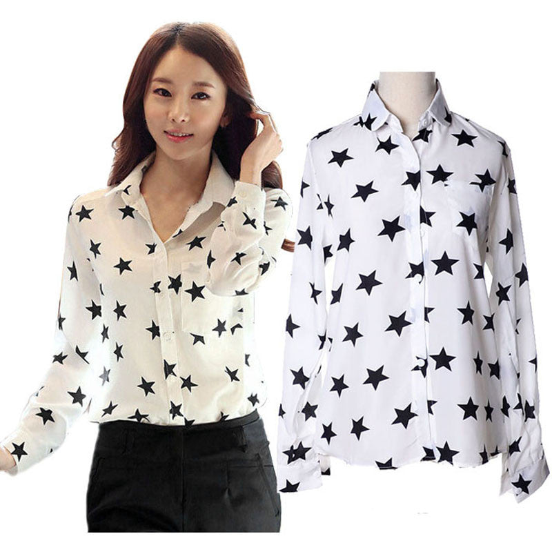 Women Blouse Fashion Turn-down Collar Stars Print White Lady Chiffon Shirt Long Sleeve blusa Tops  J4U66
