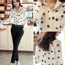 Women Blouse Fashion Turn-down Collar Stars Print White Lady Chiffon Shirt Long Sleeve blusa Tops  J4U66