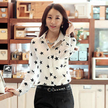 Women Blouse Fashion Turn-down Collar Stars Print White Lady Chiffon Shirt Long Sleeve blusa Tops  J4U66