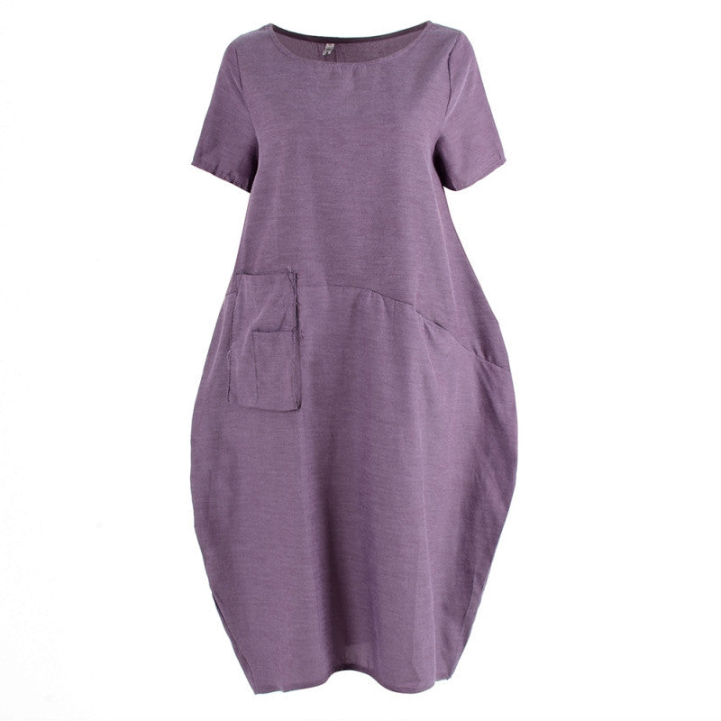 Women Casual Cotton Linen Long Dress Ethnic Short Sleeve Loose Dress J4U66
