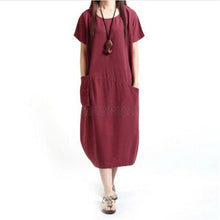 Women Casual Cotton Linen Long Dress Ethnic Short Sleeve Loose Dress J4U66