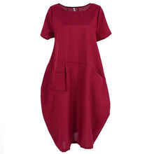 Women Casual Cotton Linen Long Dress Ethnic Short Sleeve Loose Dress J4U66