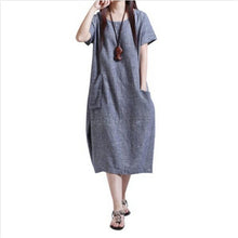 Women Casual Cotton Linen Long Dress Ethnic Short Sleeve Loose Dress J4U66
