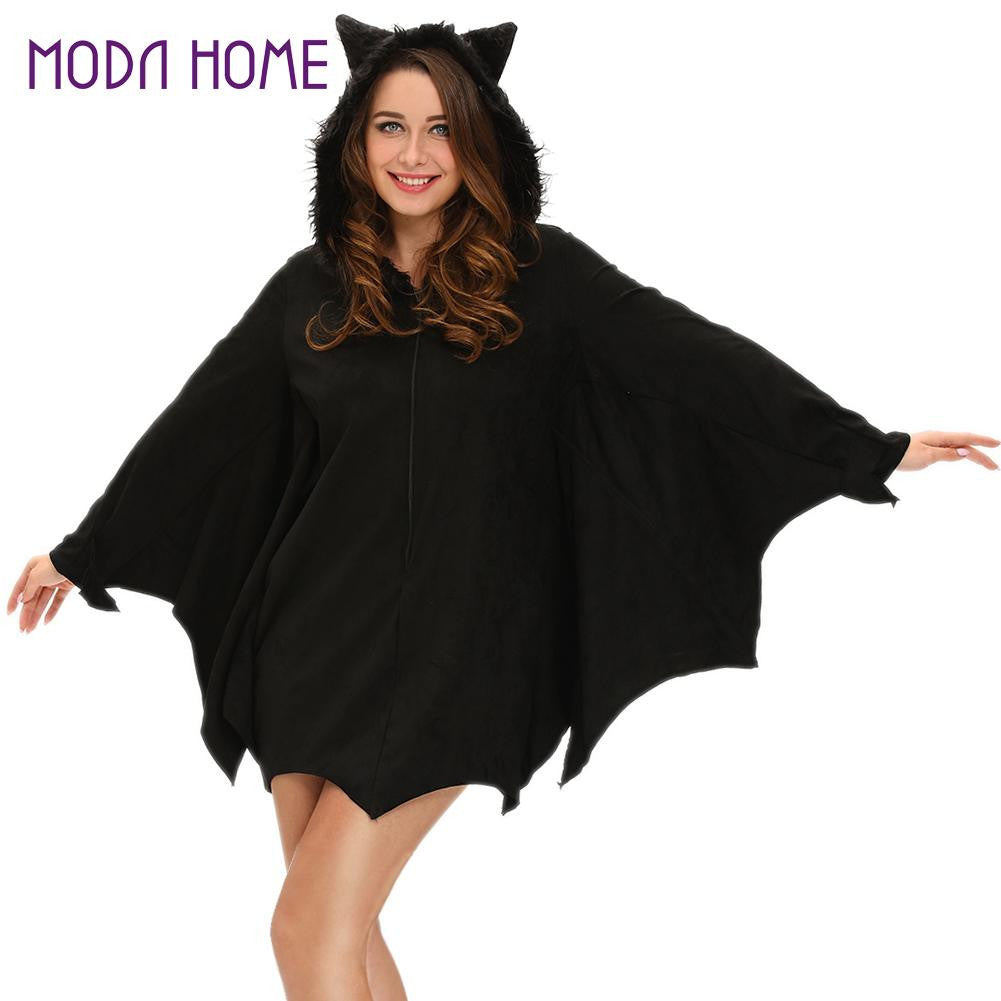 women halloween bat costume dress hooded zipper long sleeve cosplay sexy adult uniform mini dress black deguisement adultes J4U66
