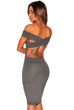 women off the shoulder dress runway charcoal crisscross back short sleeve slim bodycon dress sexy club vestidos J4U66