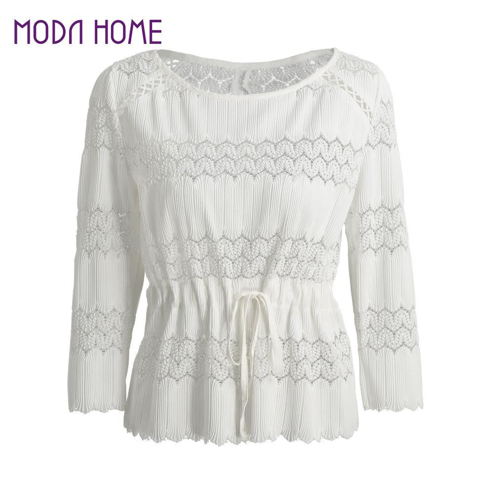 women sexy backless hollow out blouse ladies white long sleeve tops scalloped hem cuff blusas femininas J4U66