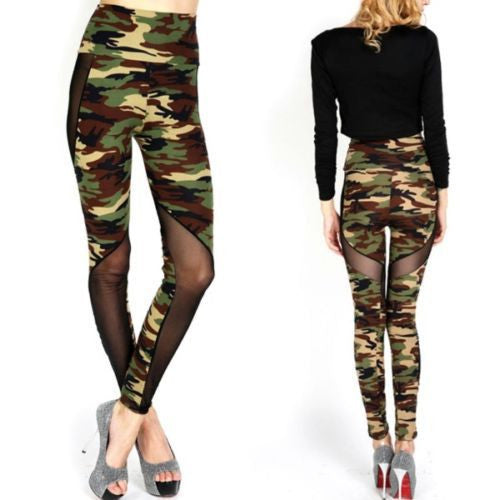 Women Sexy Mesh Camouflage Leggings High Waist Patchwork Stretchy Slim Army Camo Leggings Leggings J4U66