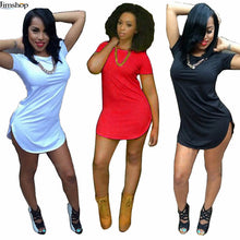 Women Sexy Tops Vestidos Casual Short Sleeve Solid Side Slit T Shirt Party Bodycon Mini Night Club Dresses Plus Size J4U66