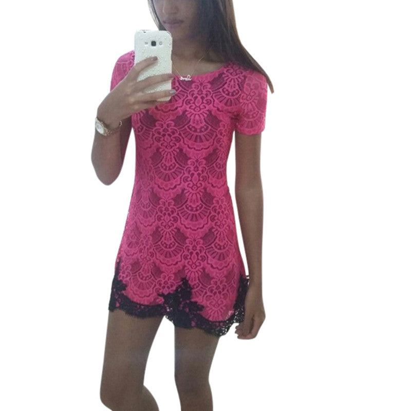 Women Bodycon Slim Lace Floral Crochet Evening Party Mini Dress J4U66