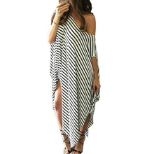 Women Dress Long Maxi Loose Dress Striped Batwing Sleeve Off shoulder Split Casual Beach Wear Plus Size Vestidos J4U66