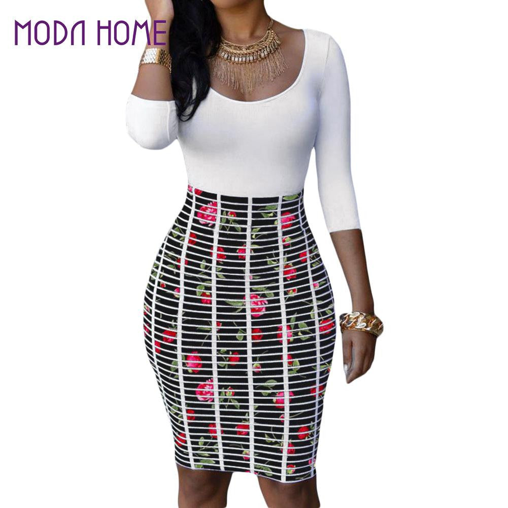 women dress scoop neck rose starry flower bodycon dress crossing stripes empire waist dashiki dress tunique femme J4U66