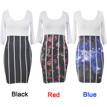 women dress scoop neck rose starry flower bodycon dress crossing stripes empire waist dashiki dress tunique femme J4U66