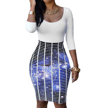women dress scoop neck rose starry flower bodycon dress crossing stripes empire waist dashiki dress tunique femme J4U66
