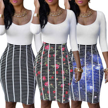 women dress scoop neck rose starry flower bodycon dress crossing stripes empire waist dashiki dress tunique femme J4U66
