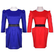 Formal Dress Half Sleeve Empire Casual Tourism Slim Pocketini Blue Red Dresses with Belt J4U66