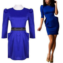 women formal dress half sleeve empire casual tourism slim pockets mini blue red dresses with belt J4U66